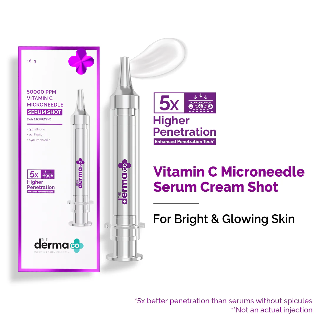 50000 PPM Vitamin C Microneedle Serum Shot with Glutathione, Panthenol & Hyaluronic Acid for Bright & Revitalized Skin - 10 g