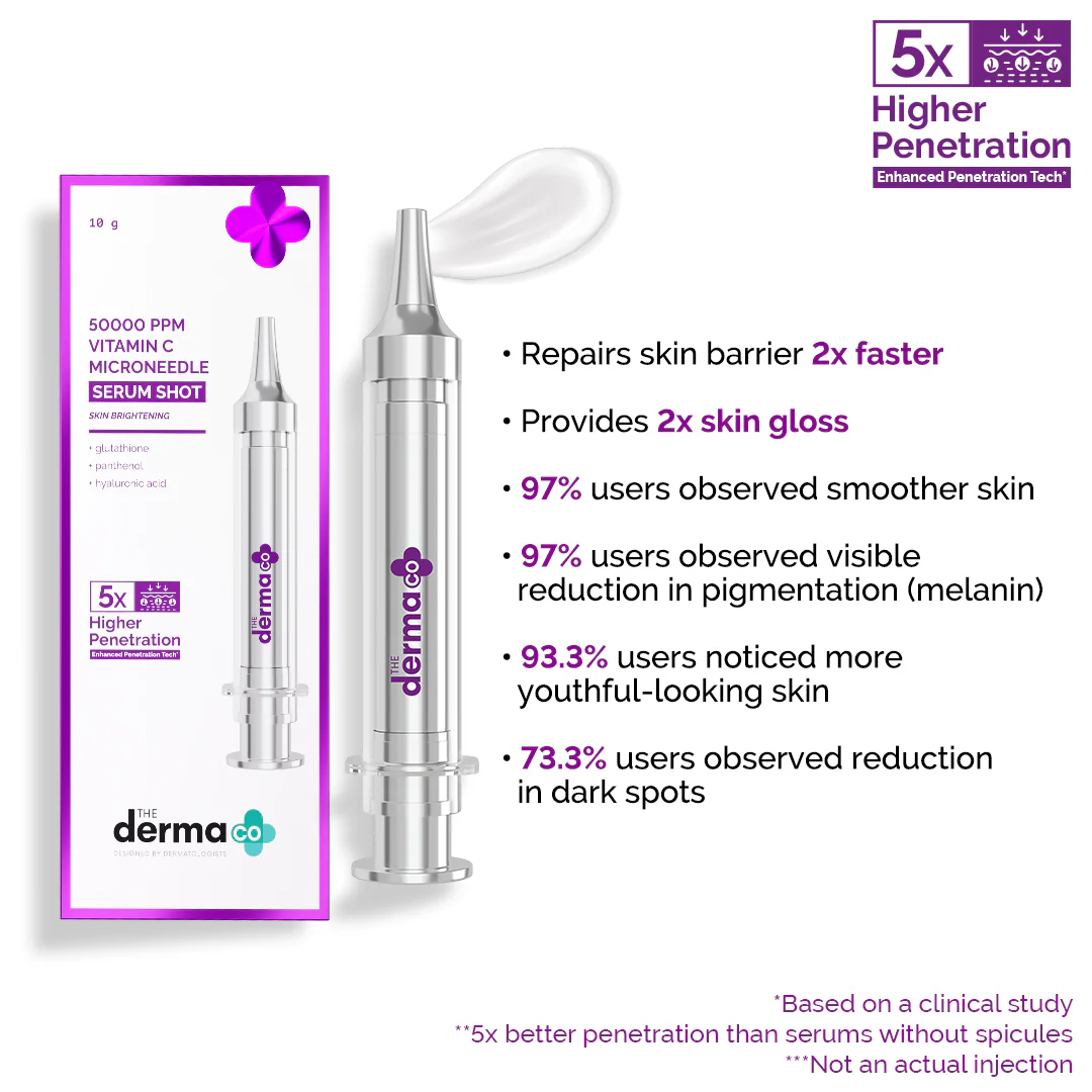 50000 PPM Vitamin C Microneedle Serum Shot with Glutathione, Panthenol & Hyaluronic Acid for Bright & Revitalized Skin - 10 g - Image 2